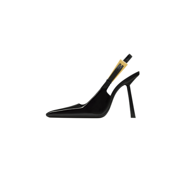 Black Patent Kitten Toe Buckle Slingback Heel