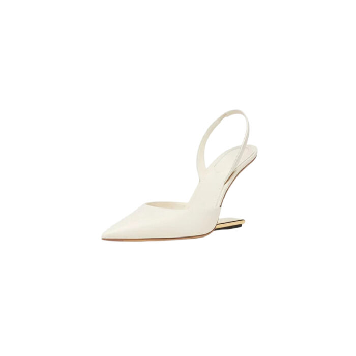 White Leather Pointed Toe Pumps Kitten Heel