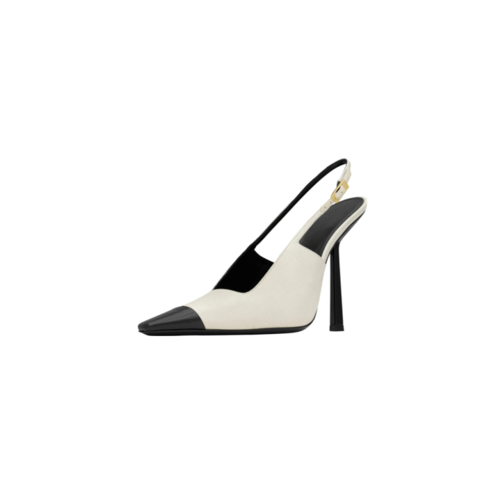 White Patchwork Pointed Toe Buckle Kitten Heel