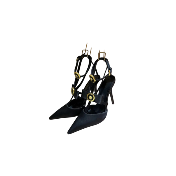 Black Buckles Stiletto Kitten Heel Bow T-strap Slingback